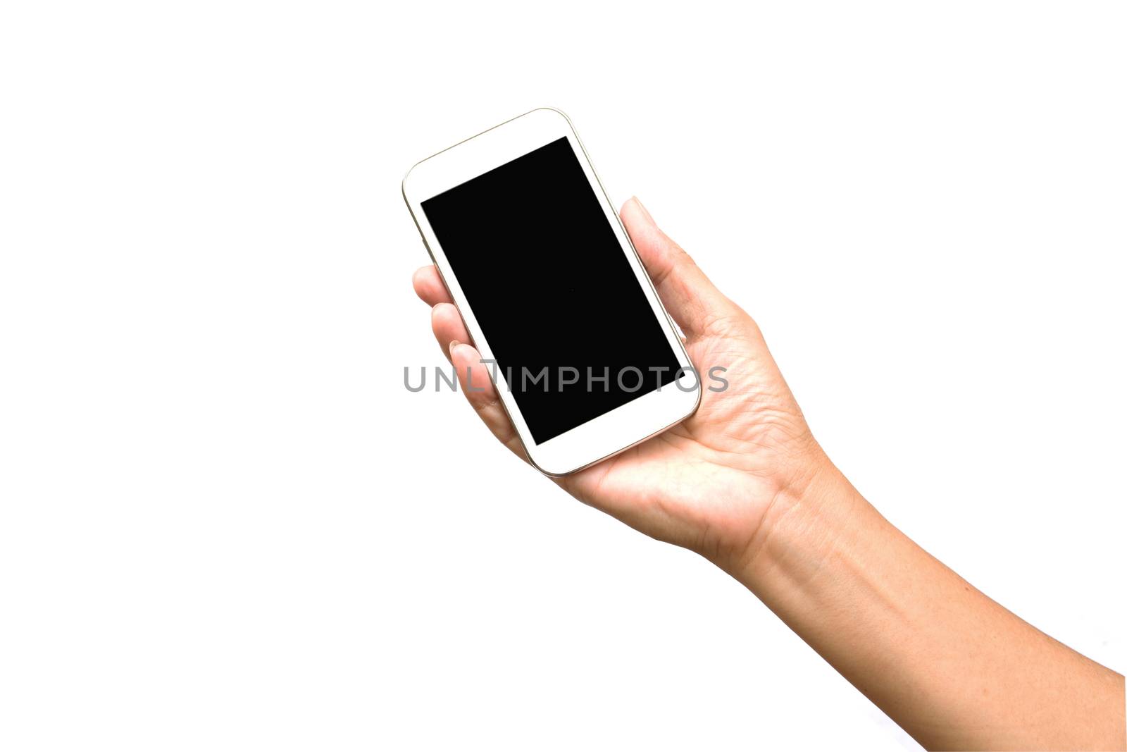 Woman hand holding smart phone isolated on white background