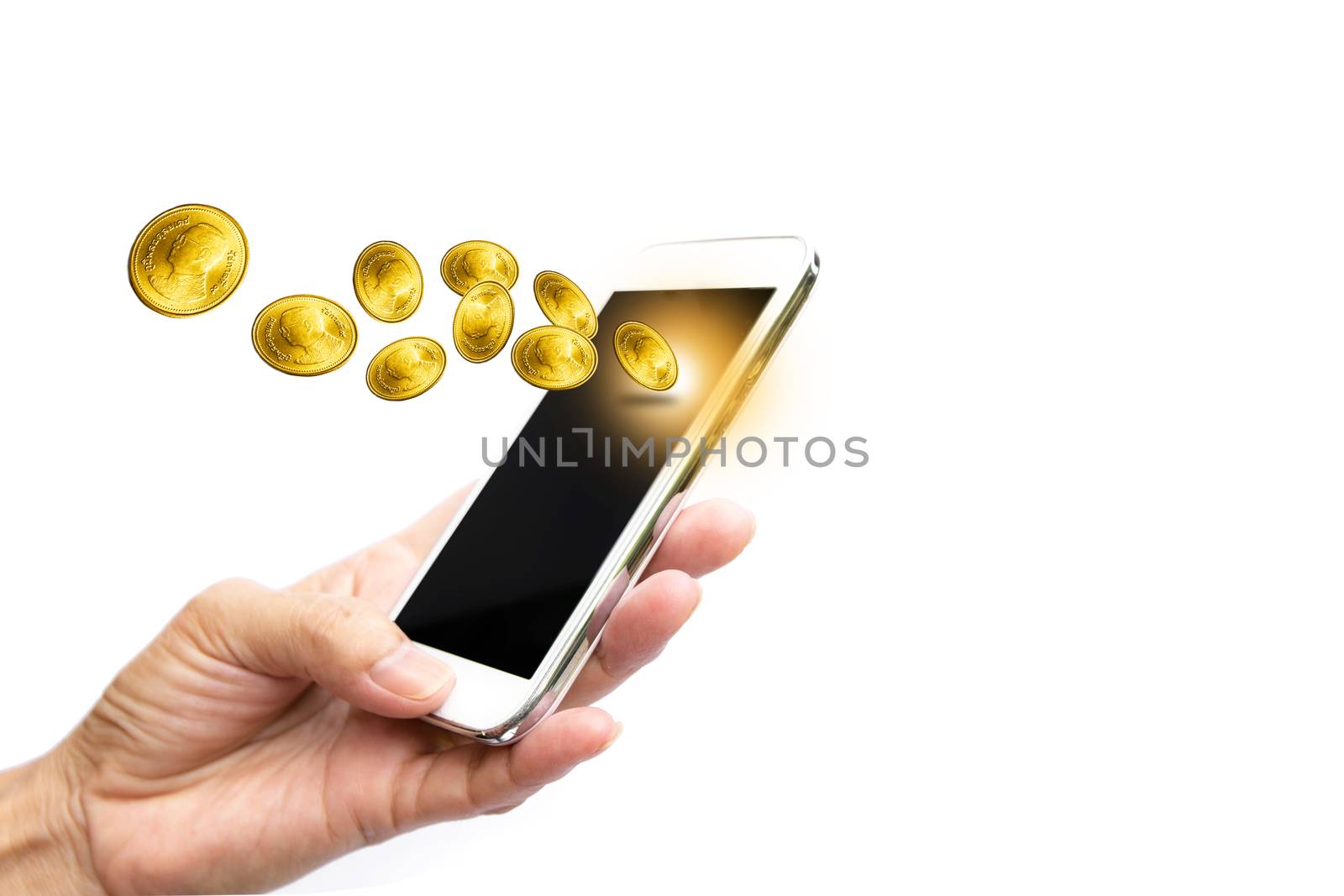 Woman hand holding smart phone and earning gold coins by kirisa99
