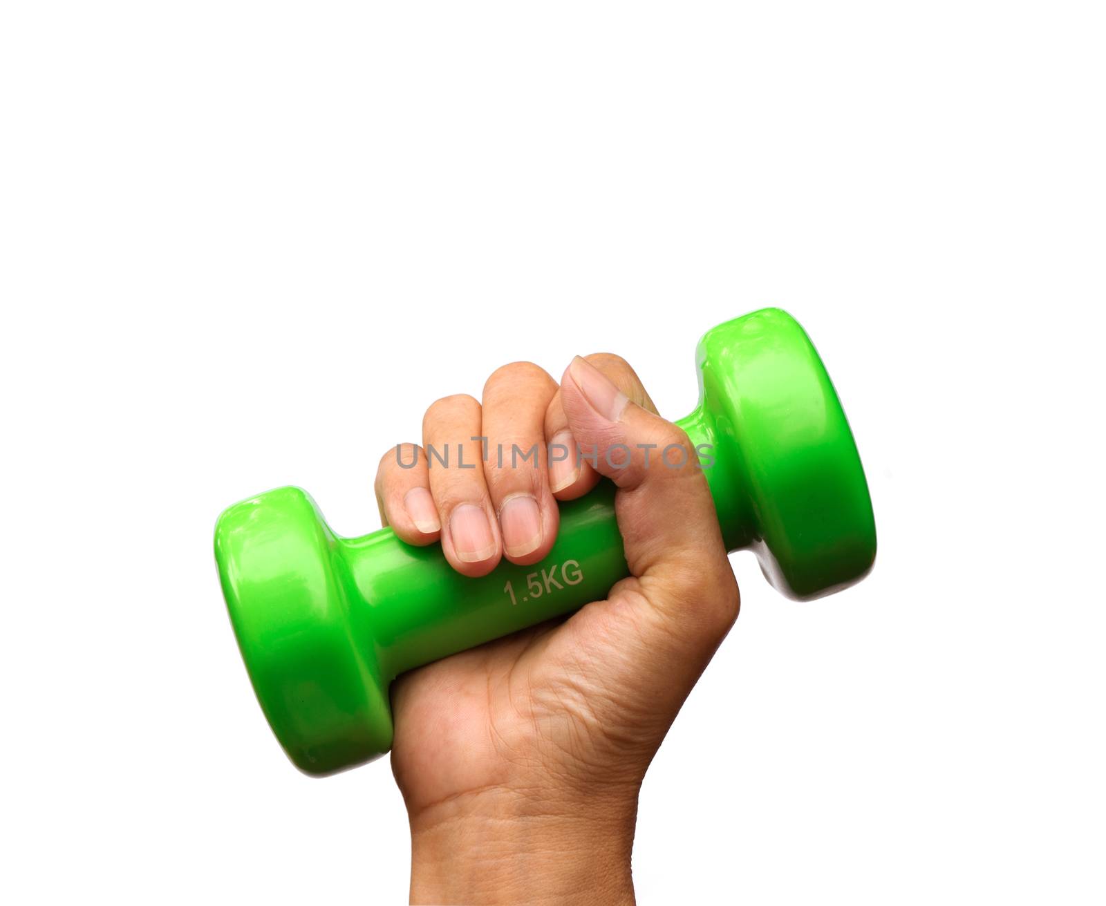 Male hand holding green dumbbell isolated on white background by kirisa99