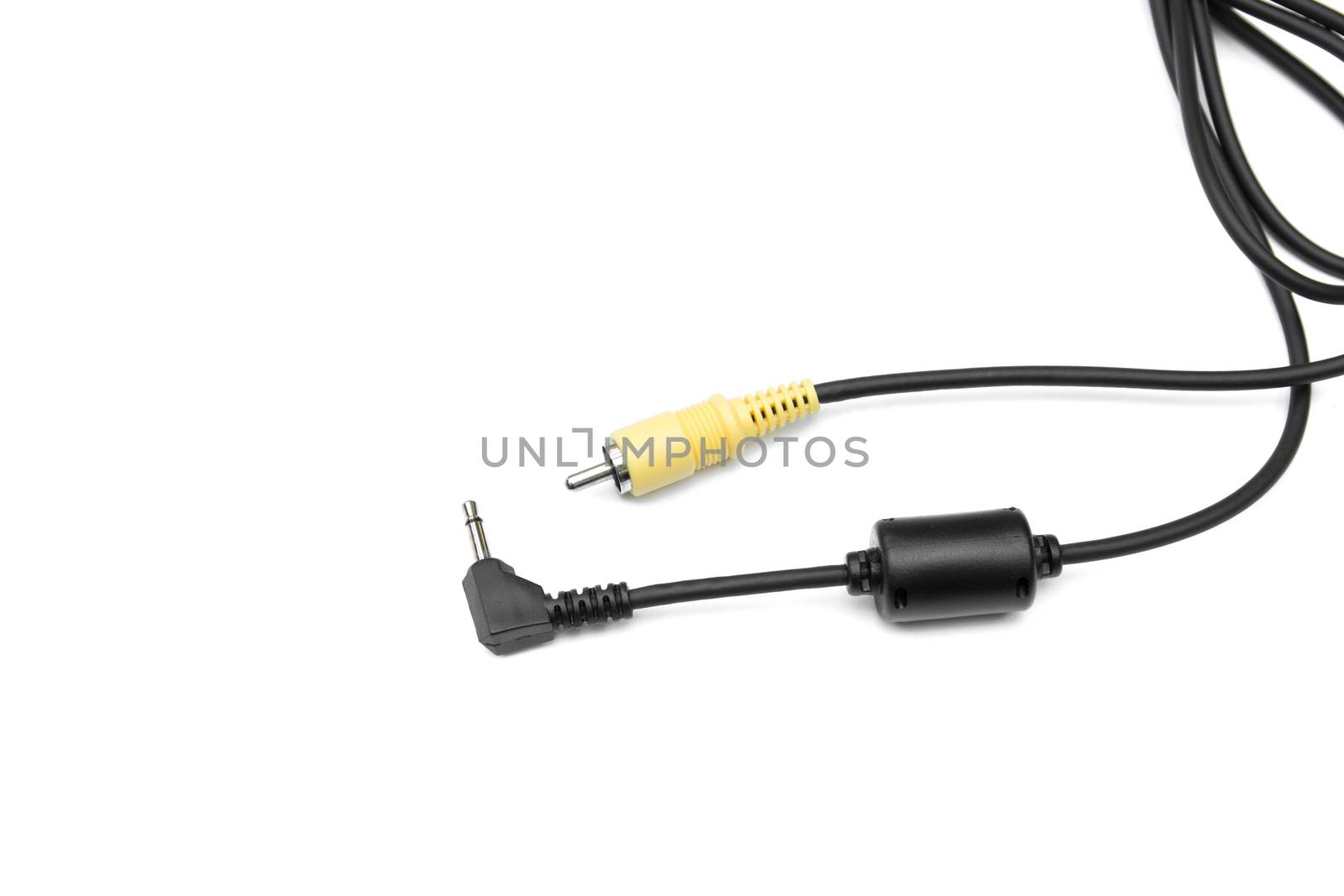 Black and yellow jack audio cables isolated on white background. by kirisa99