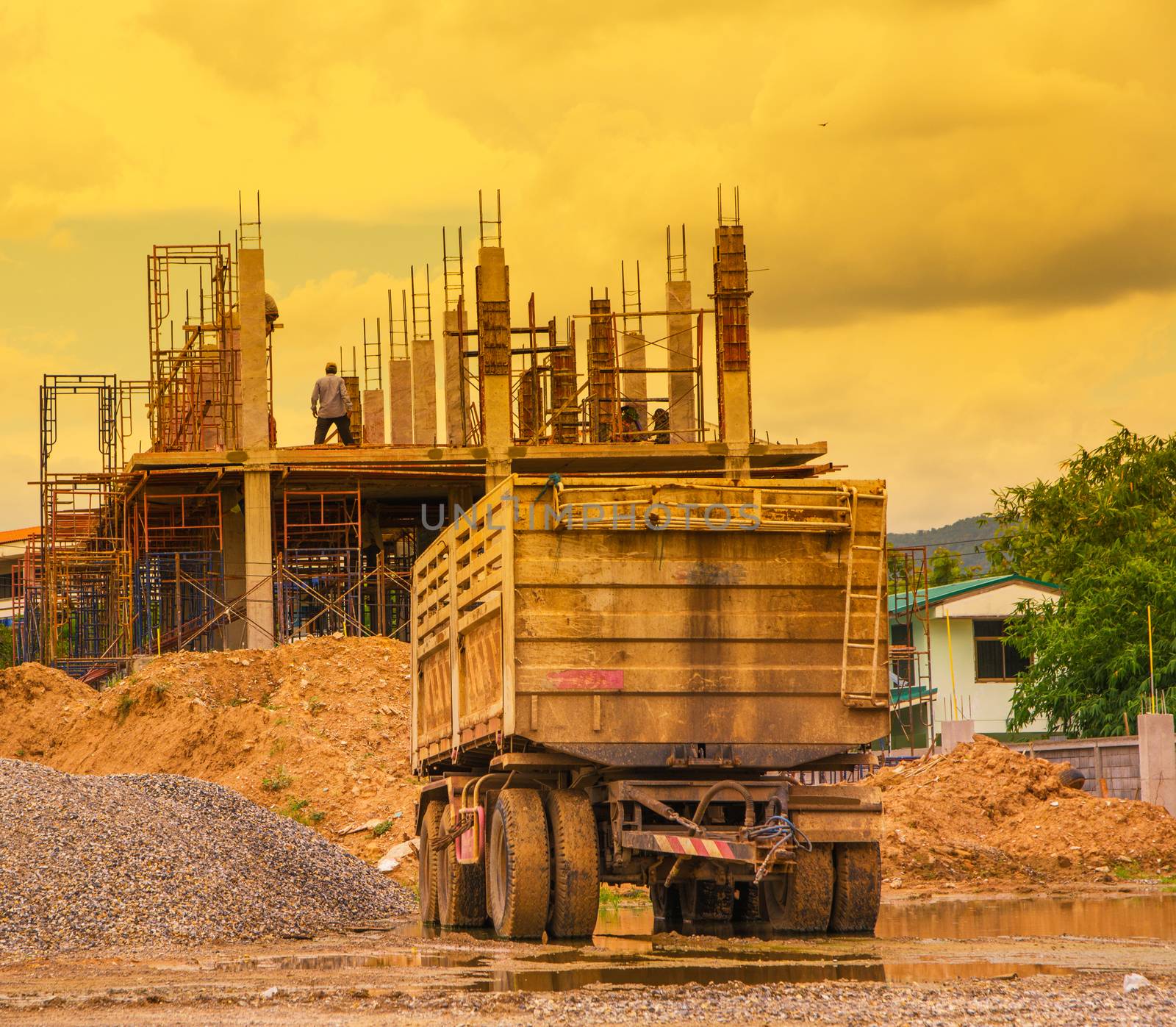 Trailer with building and worker sepia style