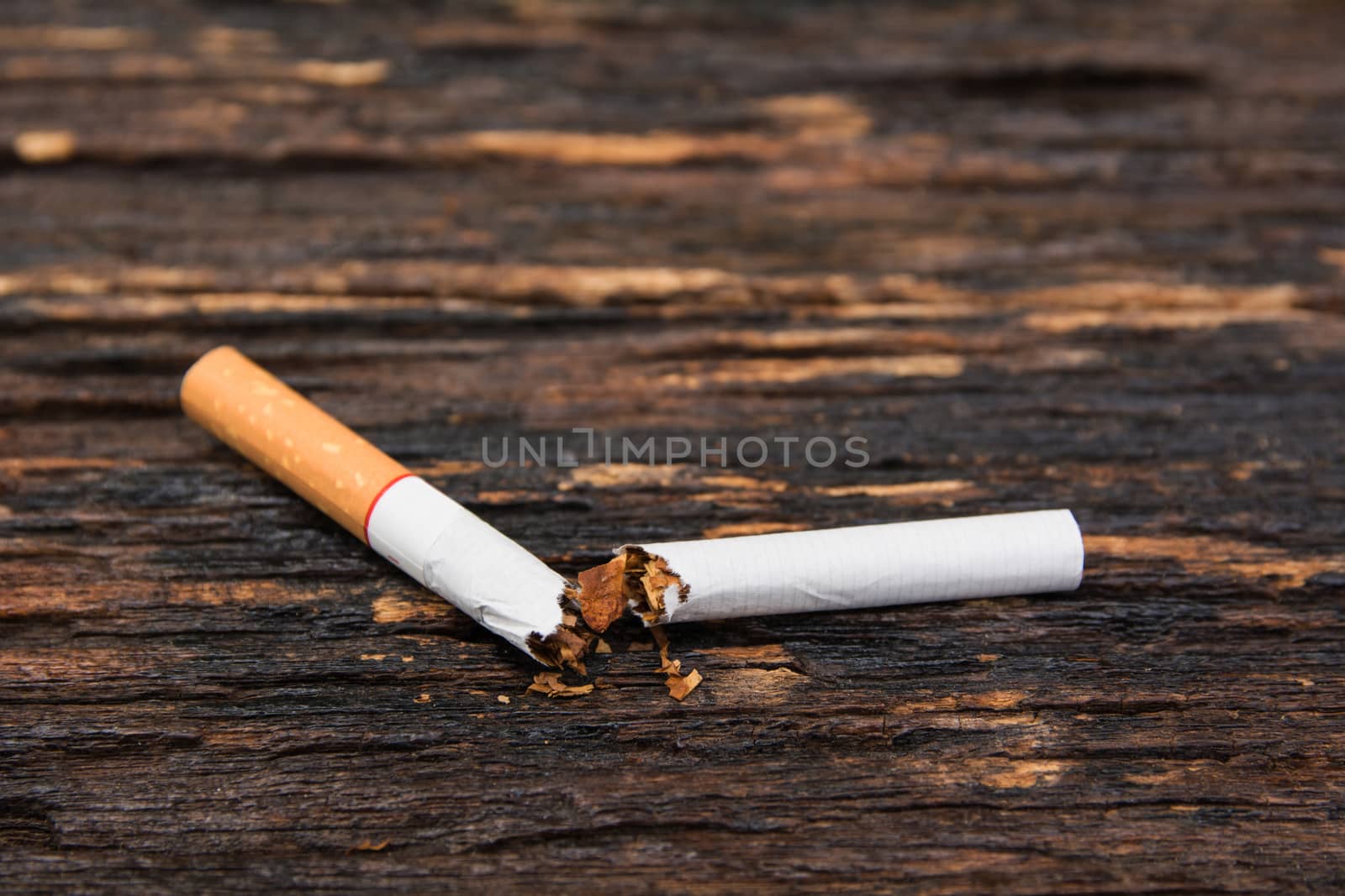 Cigarette divided into two parts on wooden background