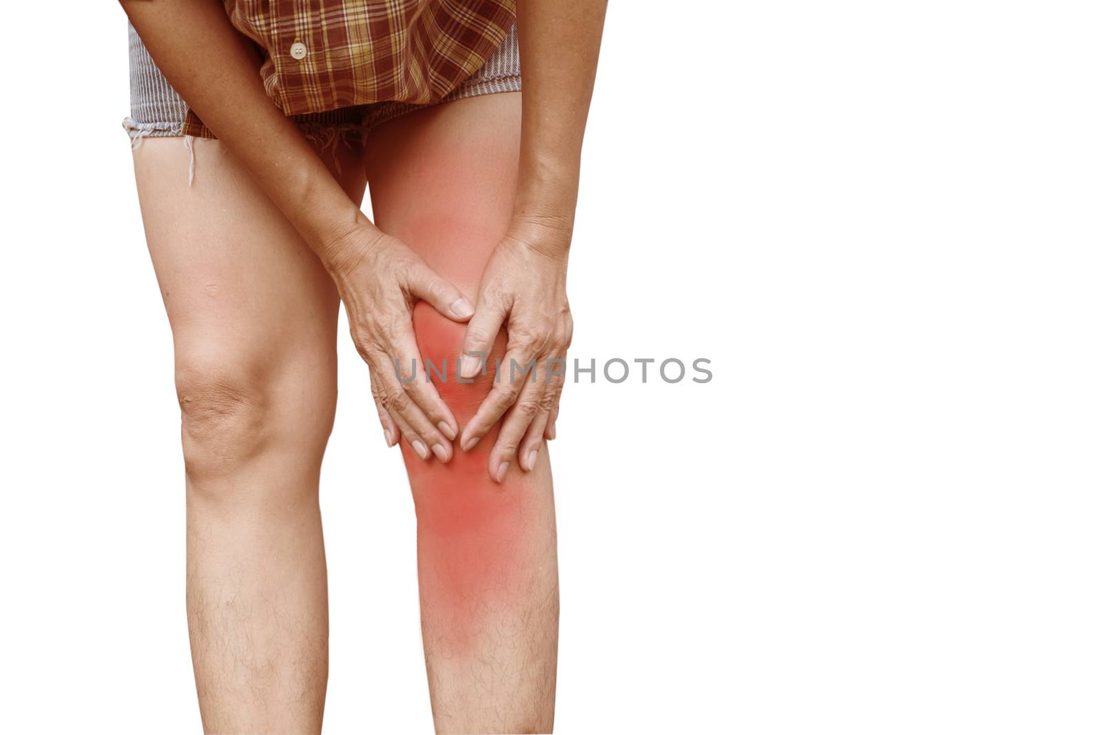 Body pain. close-up female body with pain in knees. Woman hands touching and massaging painful knee.