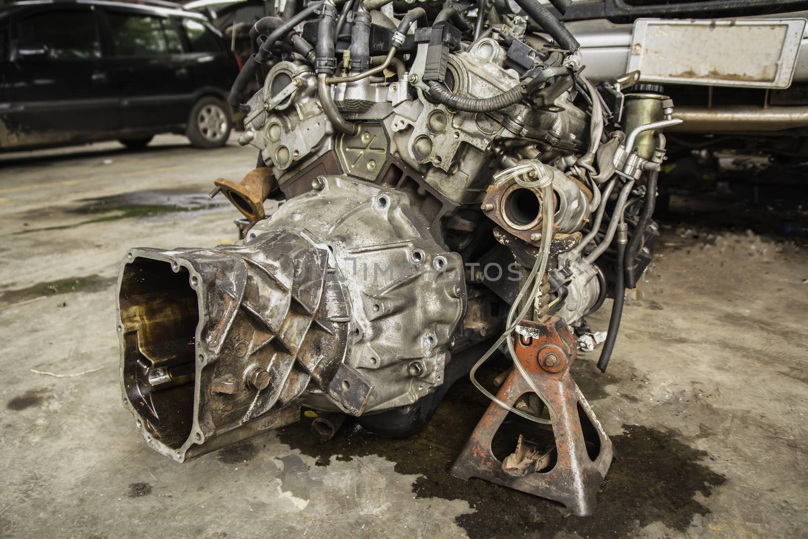 The old engine of a car. Internal design of engine. Car engine part.