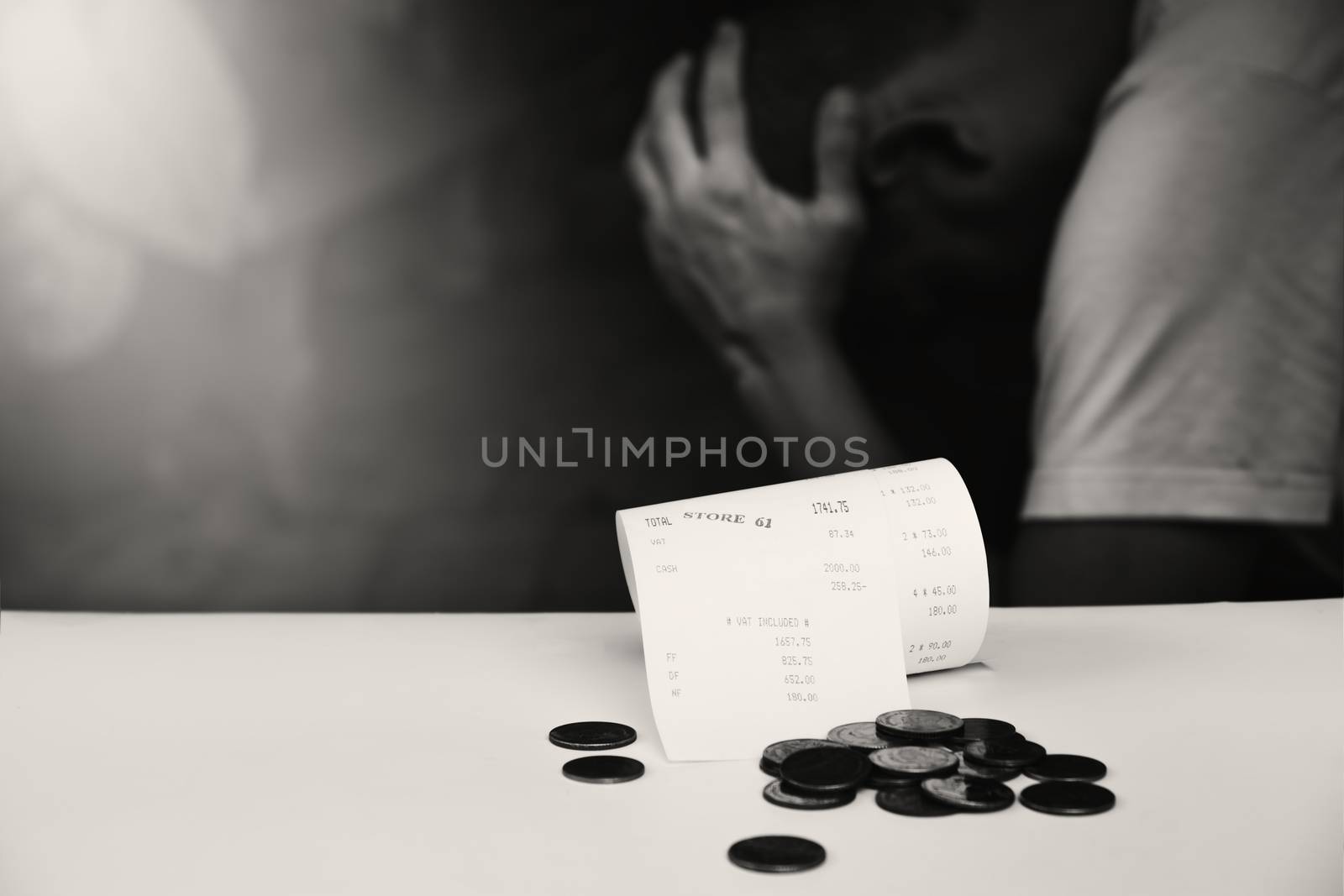 Receipt bill, money cash. Paper invoice and coins with man headache on background black and white style. 