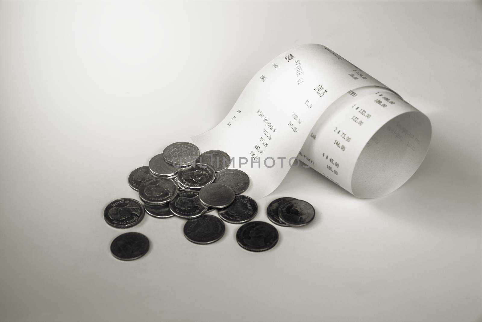 Receipt bill, money cash. Paper invoice with coins black and whi by kirisa99