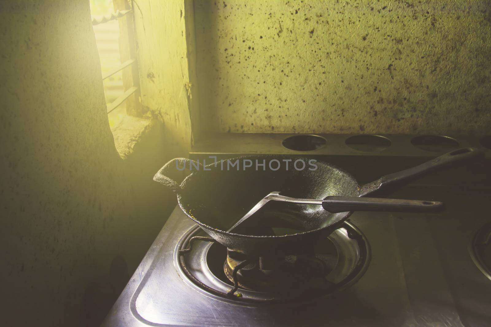 Frying pan with flipper in the kitchen in the morning by kirisa99