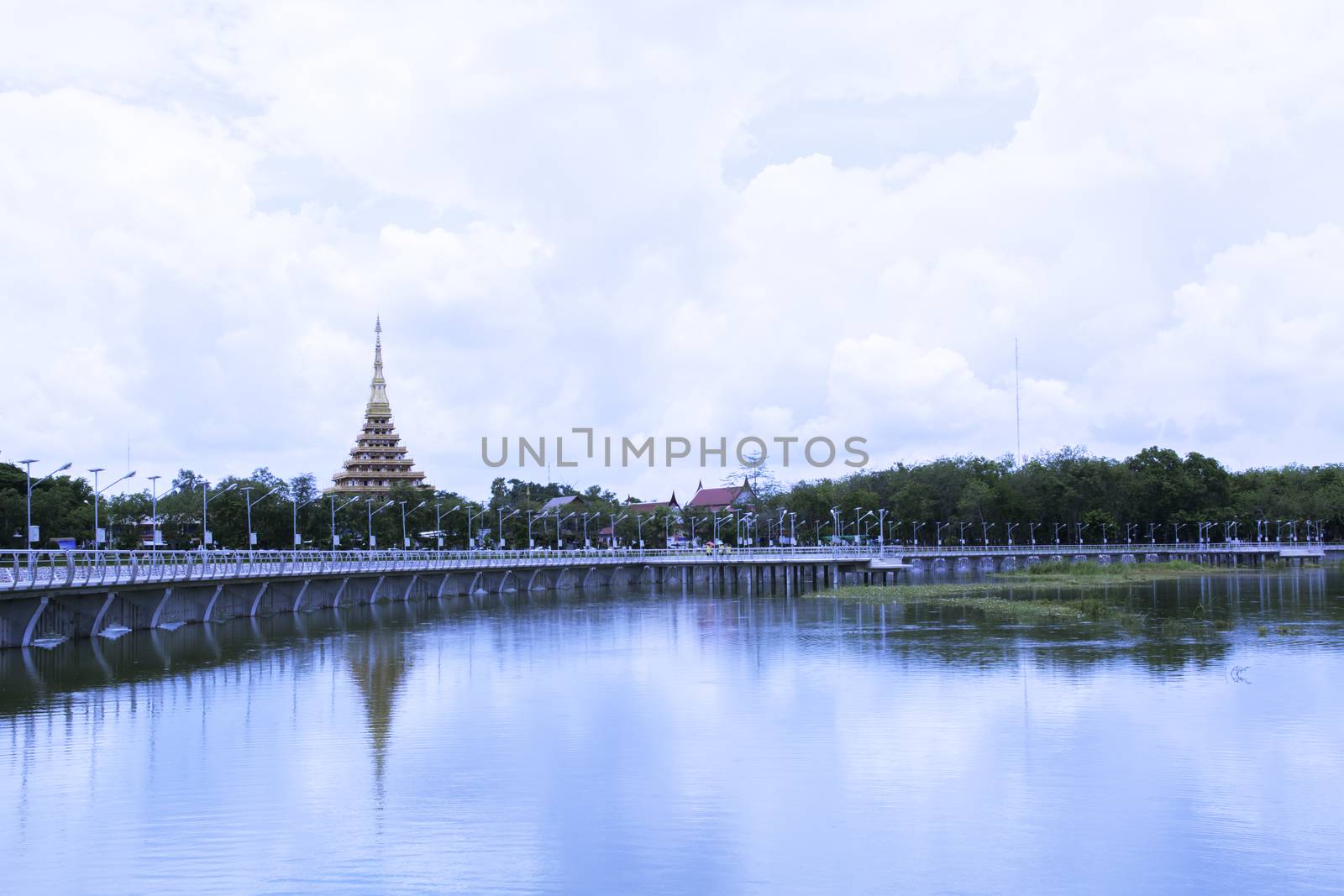 The temple reflected on the water under the blue sky with white  by kirisa99