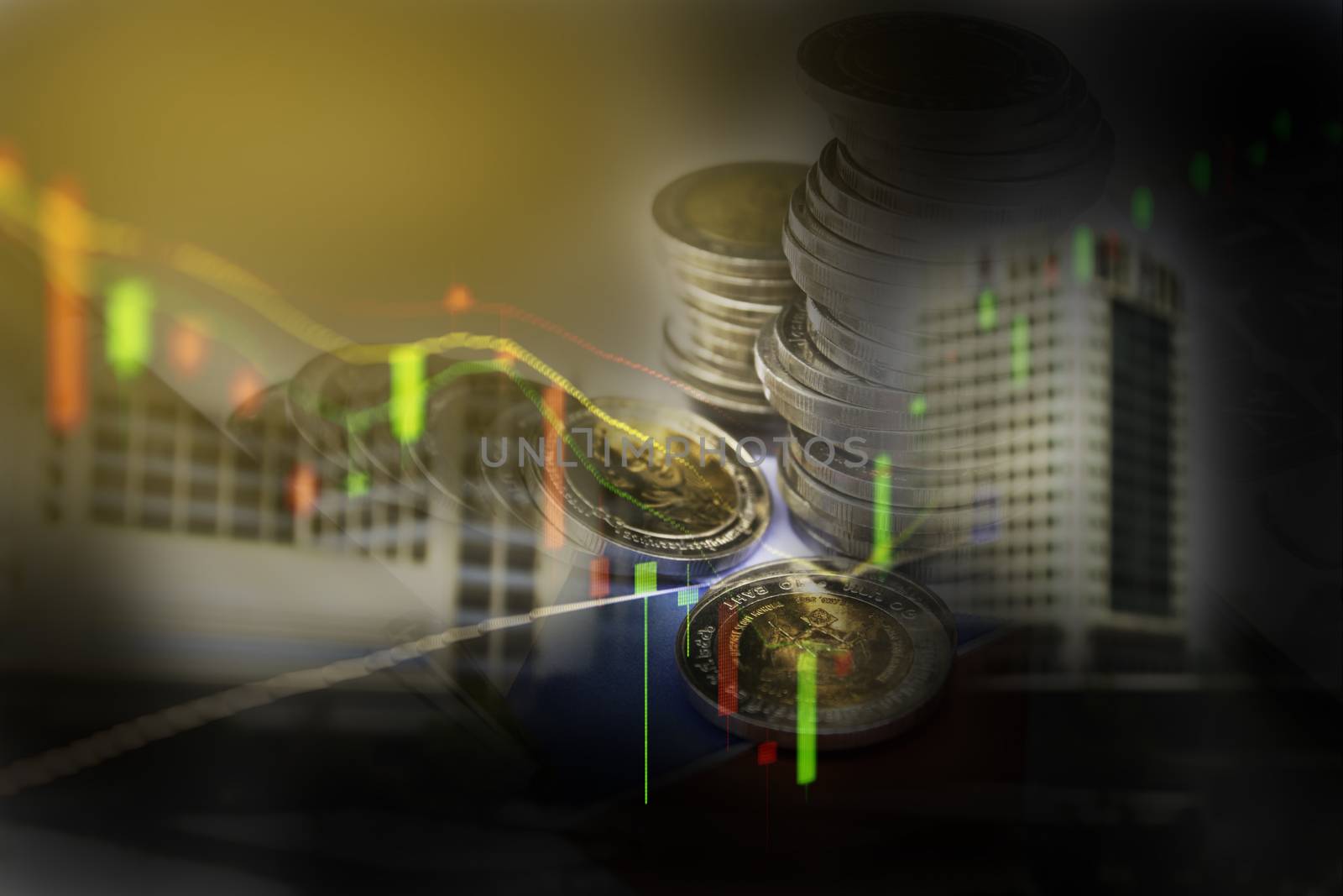 Double exposure stock financial indices with stack coin. Financial stock market in accounting market economy analysis.