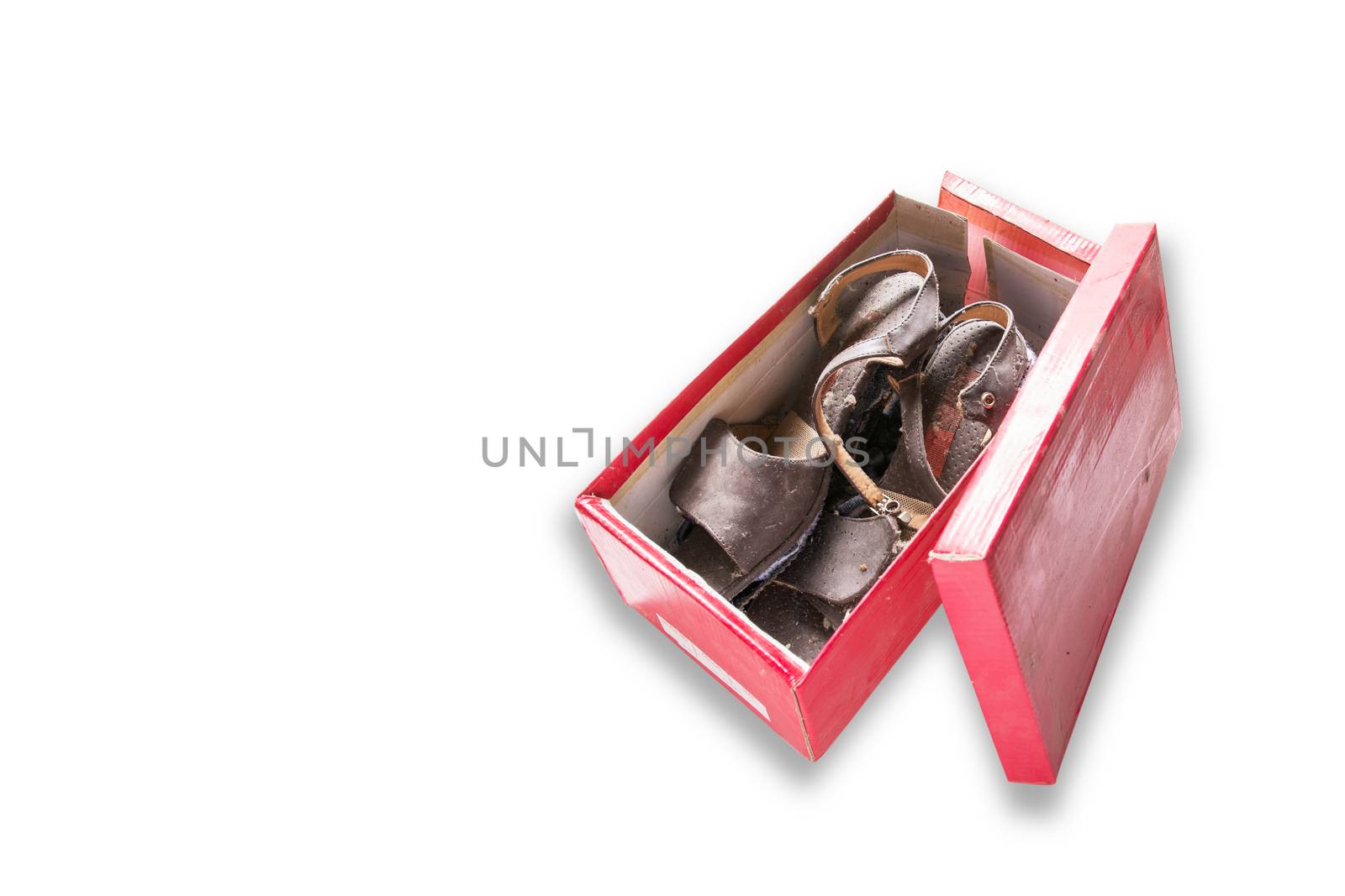 A pair of old brown woman shoes in a red box isolated on white background.