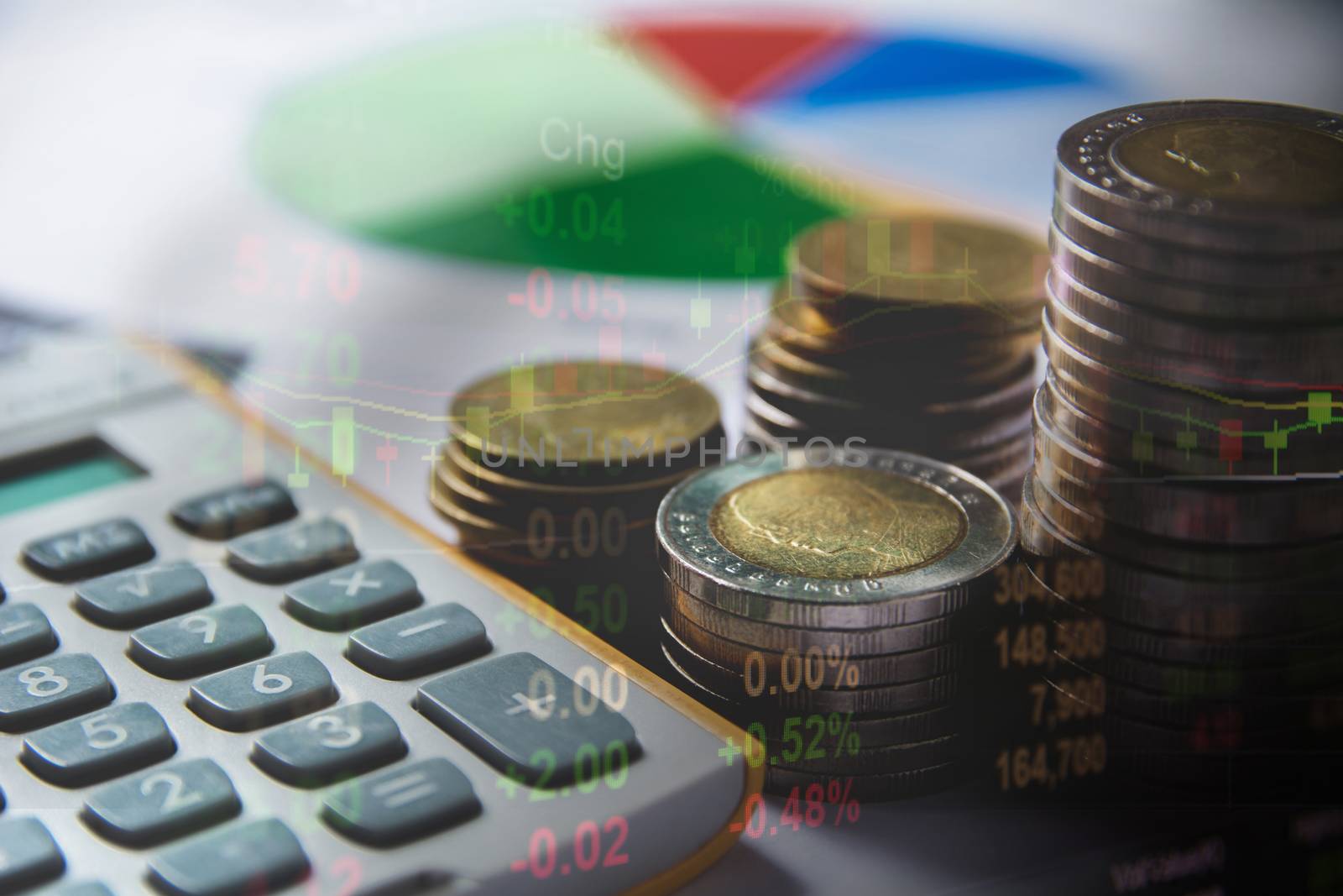 Double exposure stock financial indices with stack coin. Financial stock market in accounting market economy analysis.