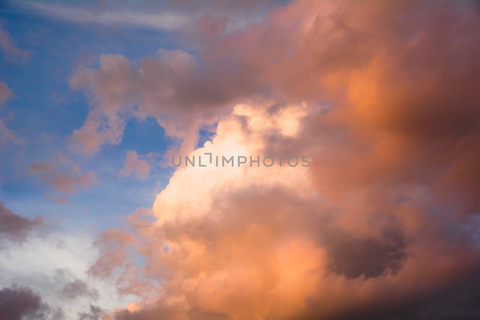 Background of orange sky concept, sunset with twilight color sky and clouds.