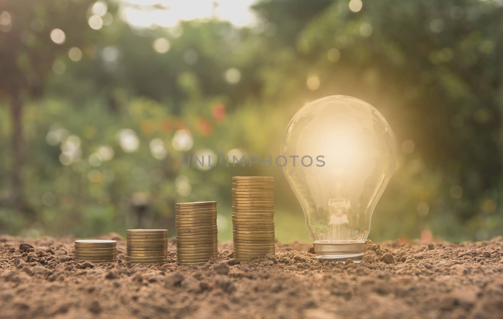 Energy saving light bulb and tree growing on stacks of coins on nature background sepia style.
