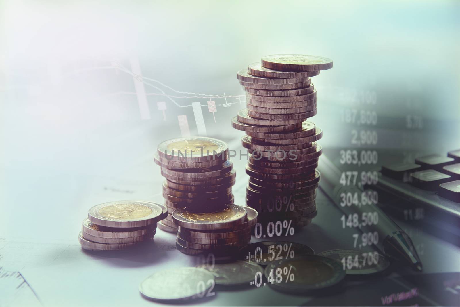 Double exposure stock financial indices with stack coin. Financial stock market in accounting market economy analysis.