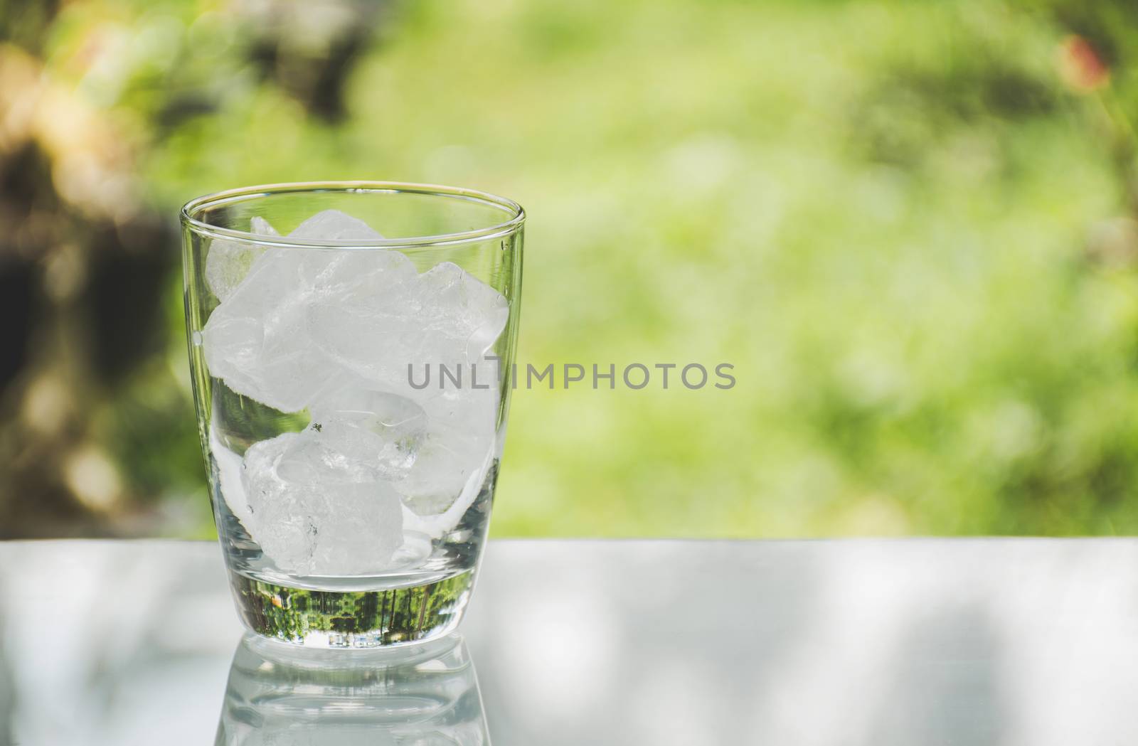 Ice cube in the glass on table with nature background