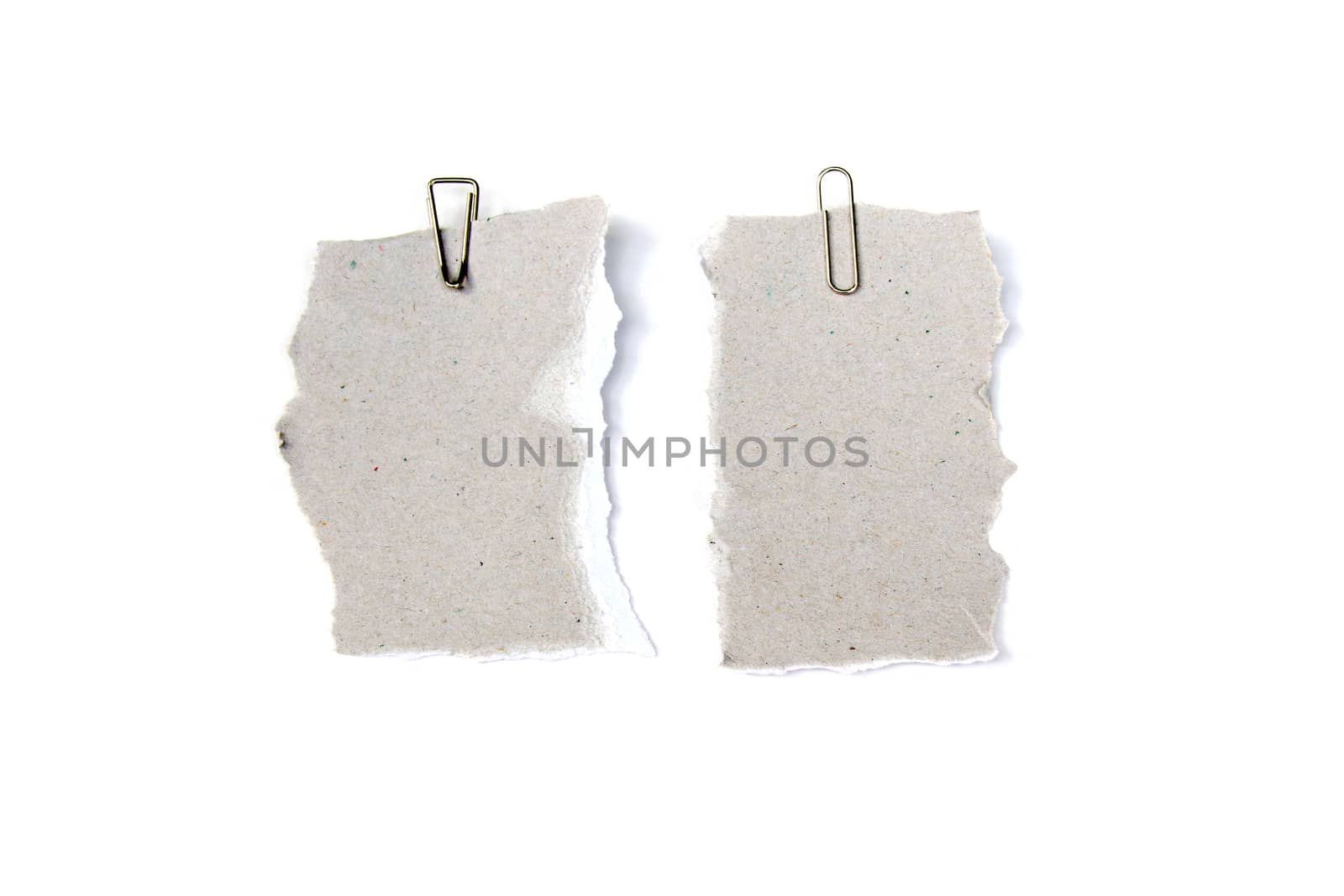 collection of white ripped pieces of paper with paper clip isolated on white background. each one is shot separately