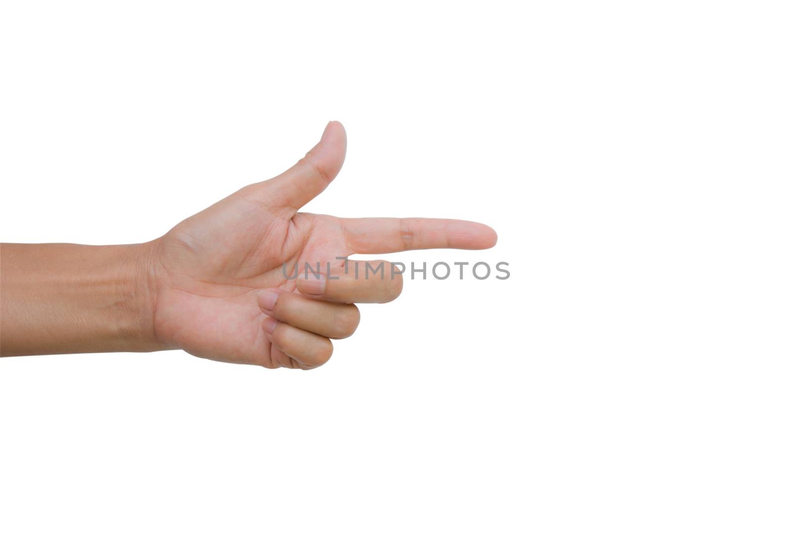 Woman point finger isolated on white background