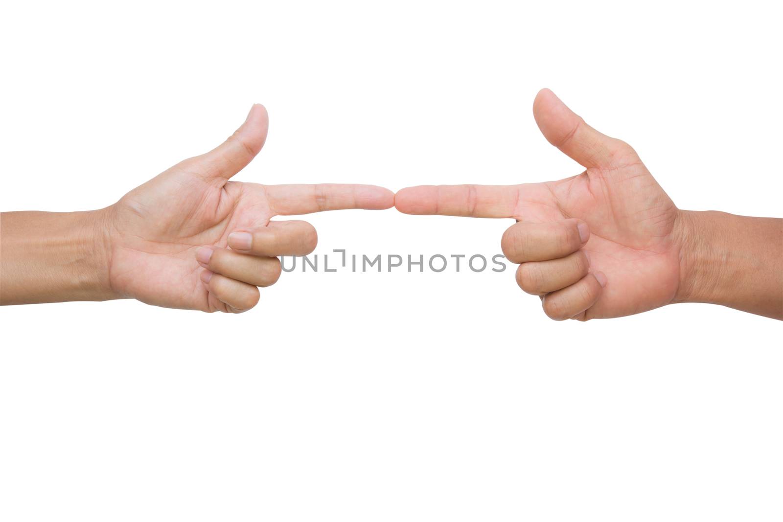 Woman point finger opposite dimension isolated on white background
