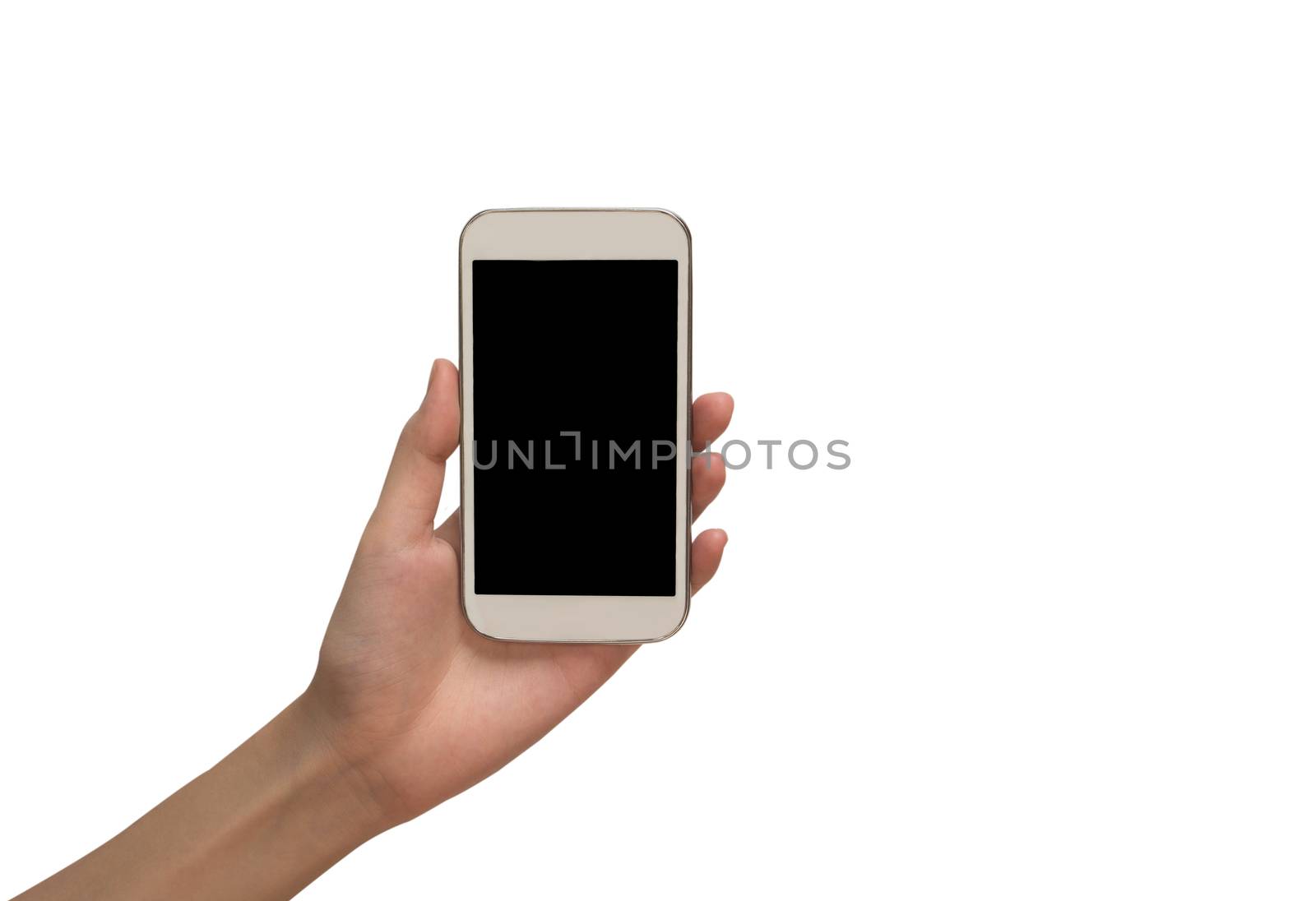 Woman hand holding smart phone isolated on white background with by kirisa99