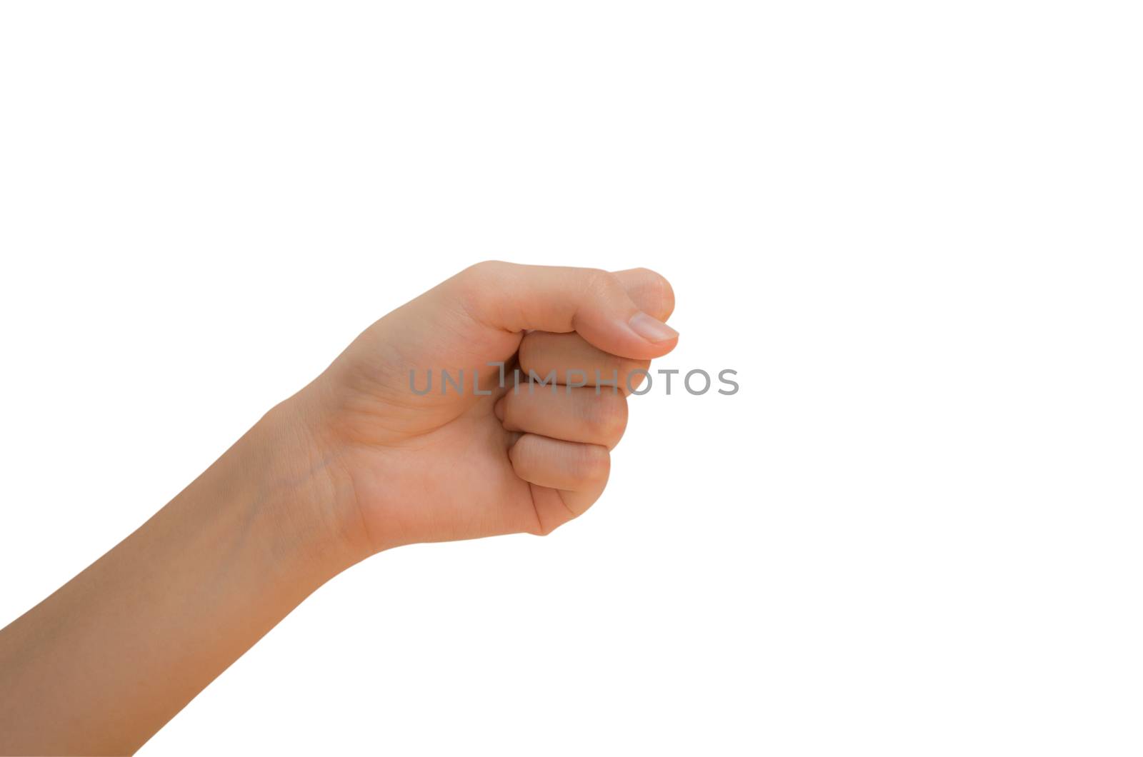 Hand, clenched hand of woman isolated on white background with clipping path.