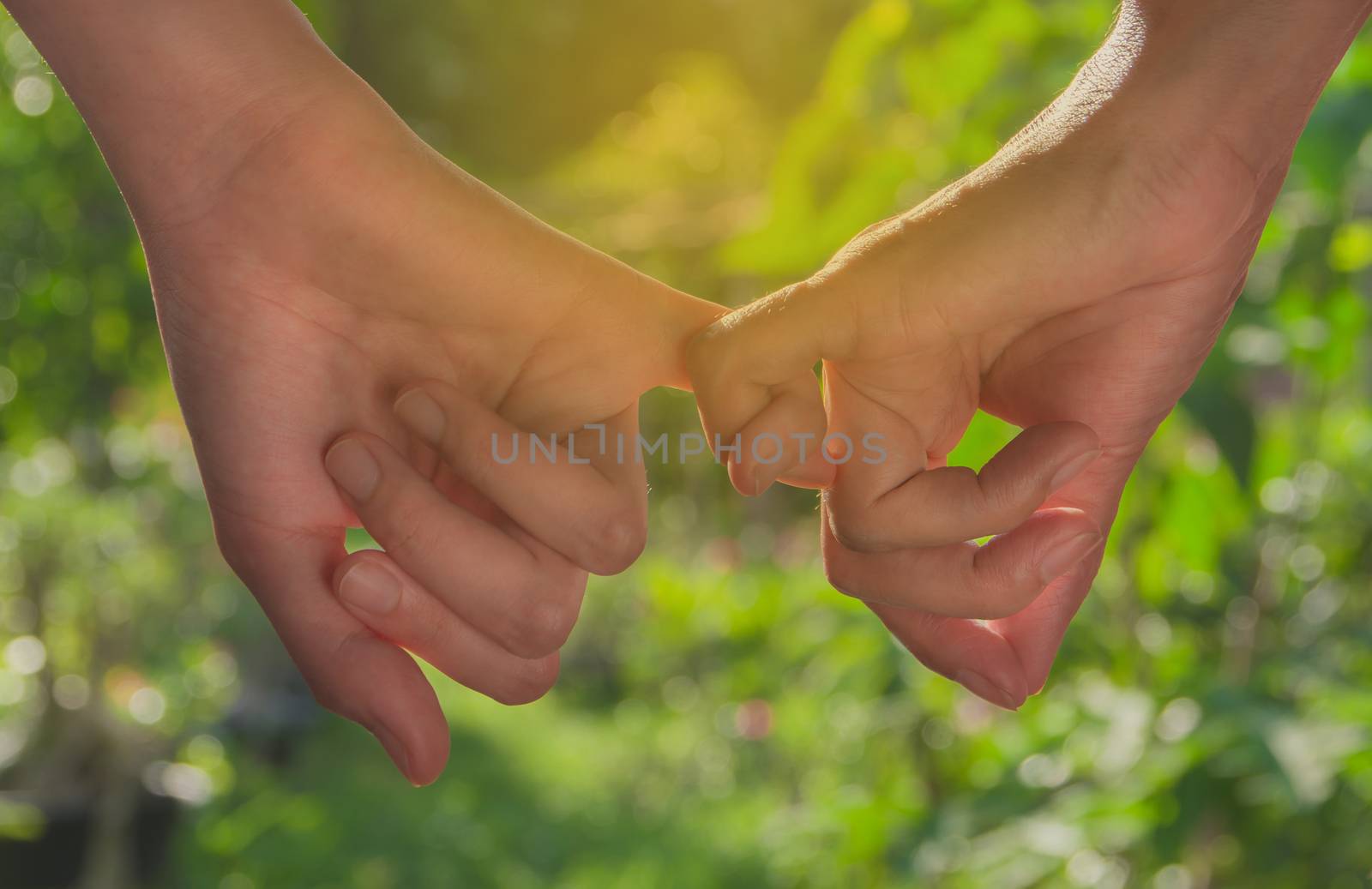 little finger of lady and younger lady holding together on nature background