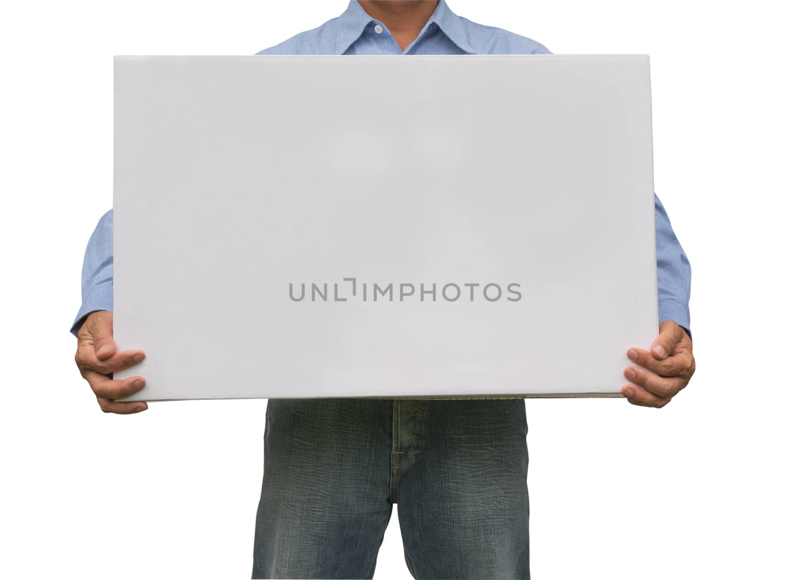 Business man carrying a white box isolated on white background