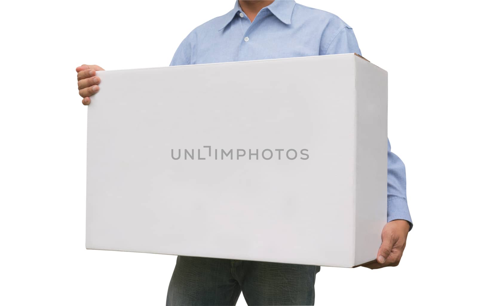 Business man carrying a white box isolated on white background
