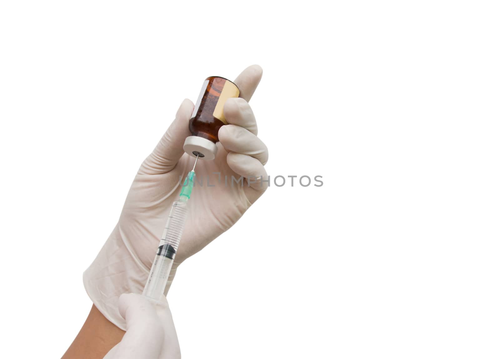Hand holding syringe and medicine vial prepare for injection with surgical equipment and medicine isolated on white background.