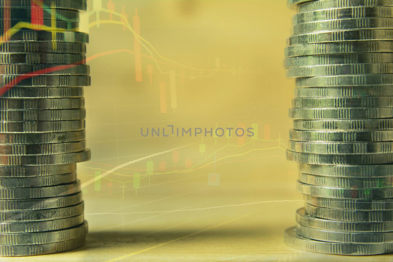 Double exposure stock financial indices with stack coin. Financial stock market in accounting market economy analysis.