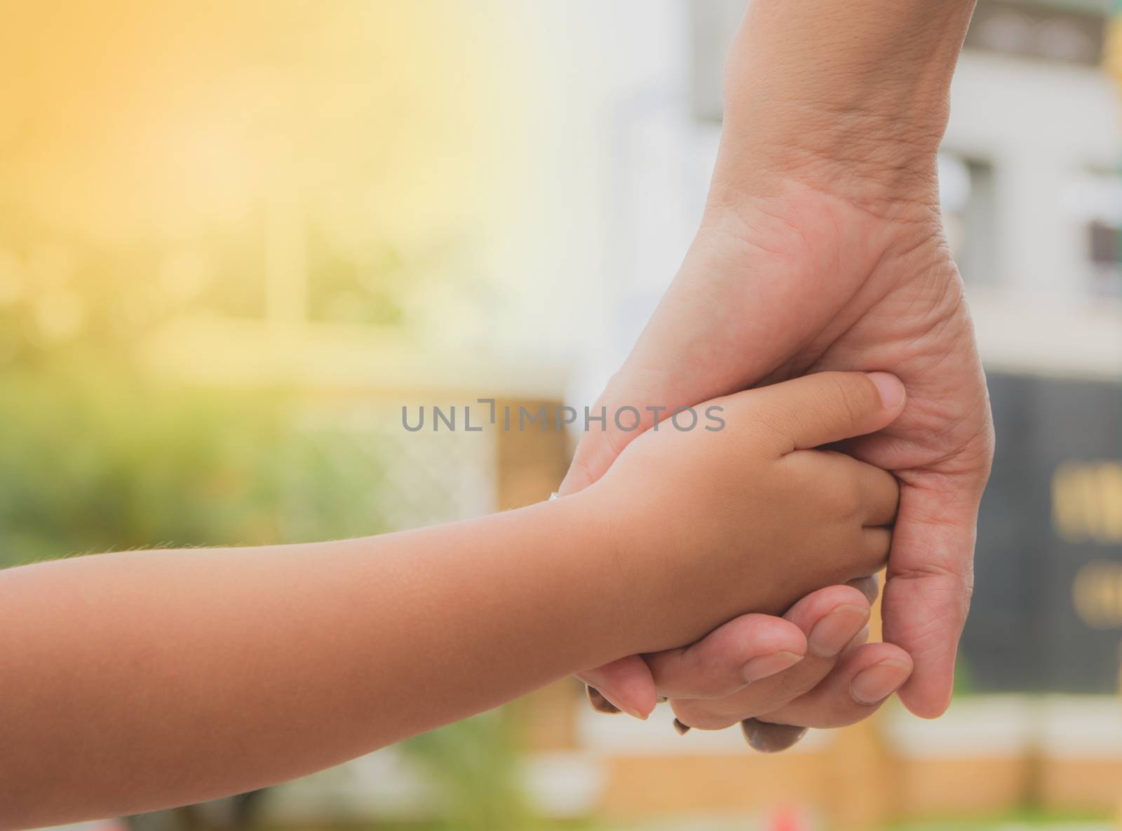 Close up of mother and a child hands at the sunset. Mother holding a hand of son in summer day outdoors.