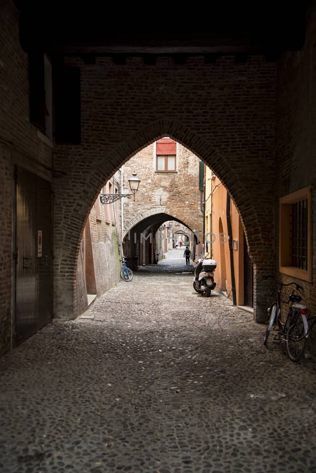 Via delle Volte, ancient medieval street in Ferrara, Italy