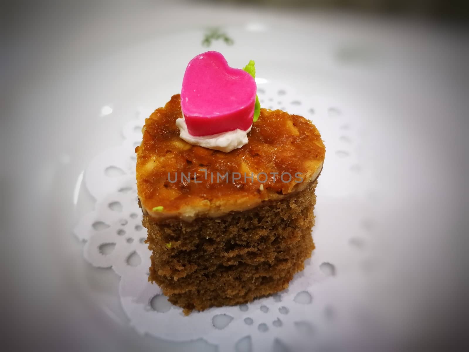 almond Toffee Cake topping pink chocolate in valentine day fasti by shatchaya