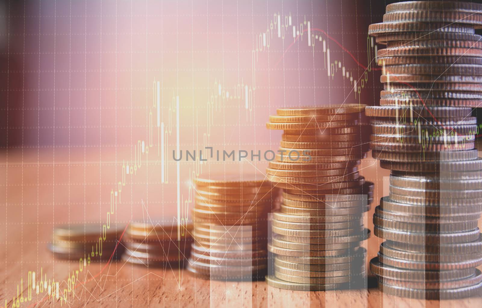 Double exposure stock financial indices with stack coin. Financial stock market in accounting market economy analysis.