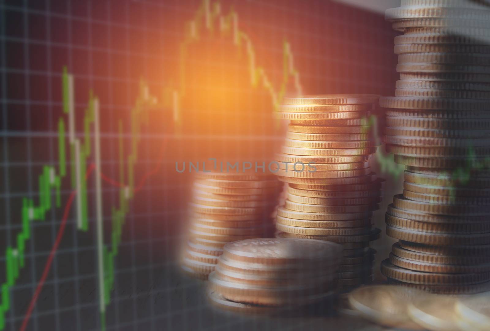 Double exposure stock financial indices with stack coin. Financi by kirisa99