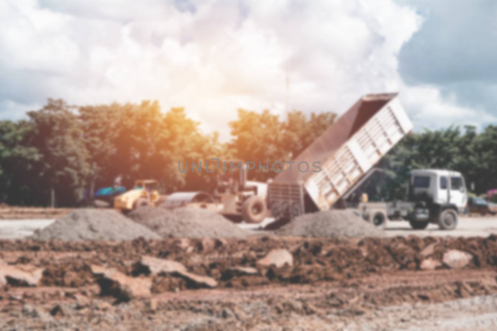 Trailer with building and worker blurry defocus. by kirisa99