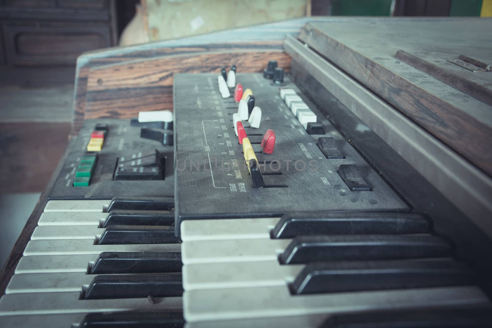 Close up keys of the old synthesizer keyboard. close-up electric piano.