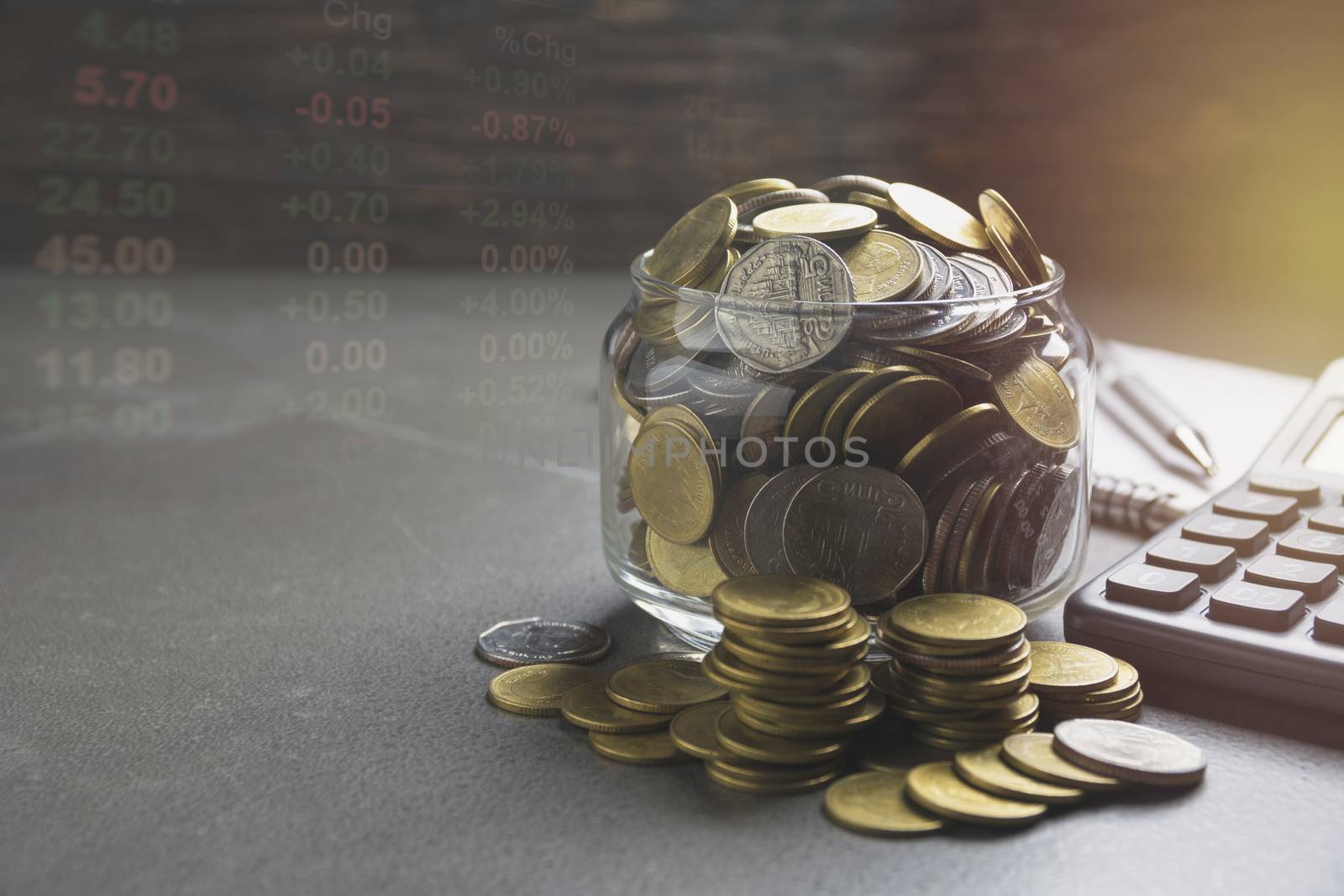 Double exposure stock financial indices with stack coin. Financial stock market in accounting market economy analysis.