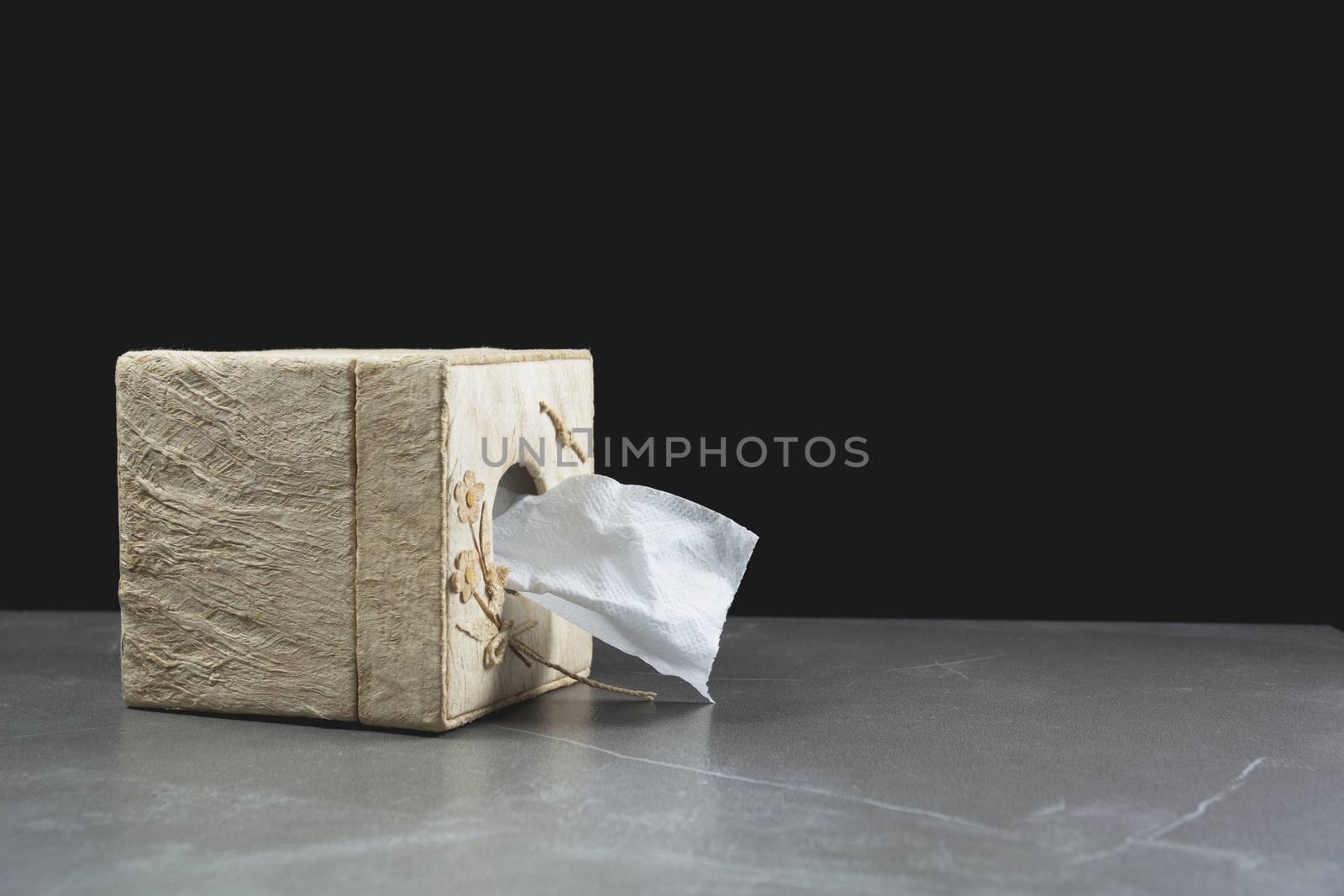 Close-up image one of toilet papers roll on the table with dark background.