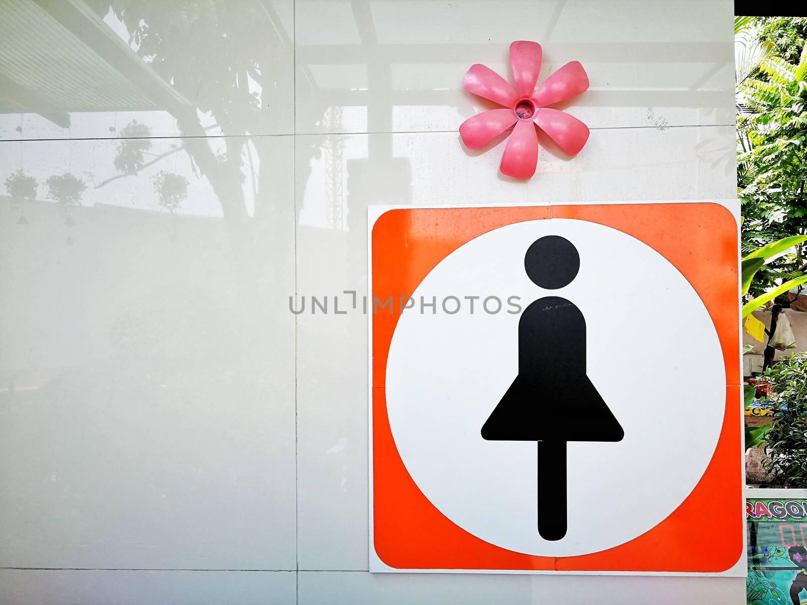 cute flowers for decorations and woman icon on front of  toilet by shatchaya