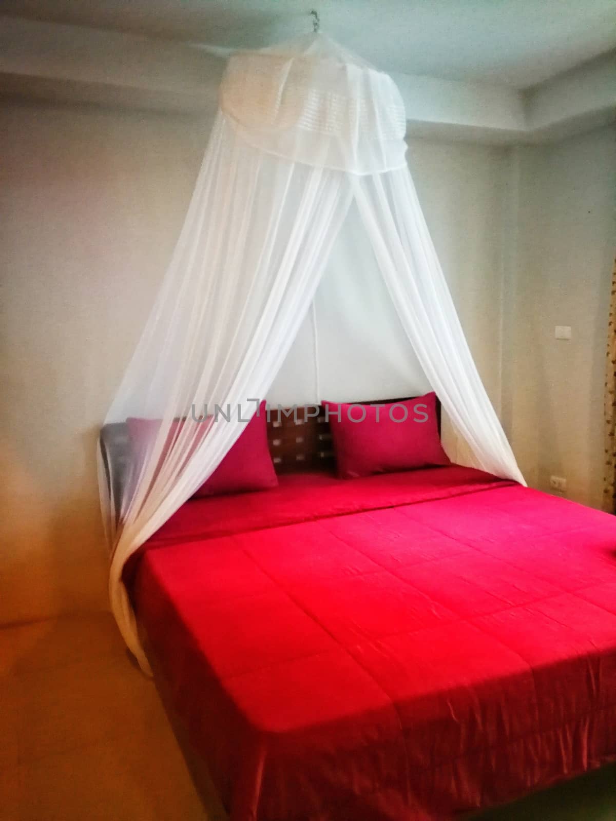 a red bed feeling lonely in a room by shatchaya