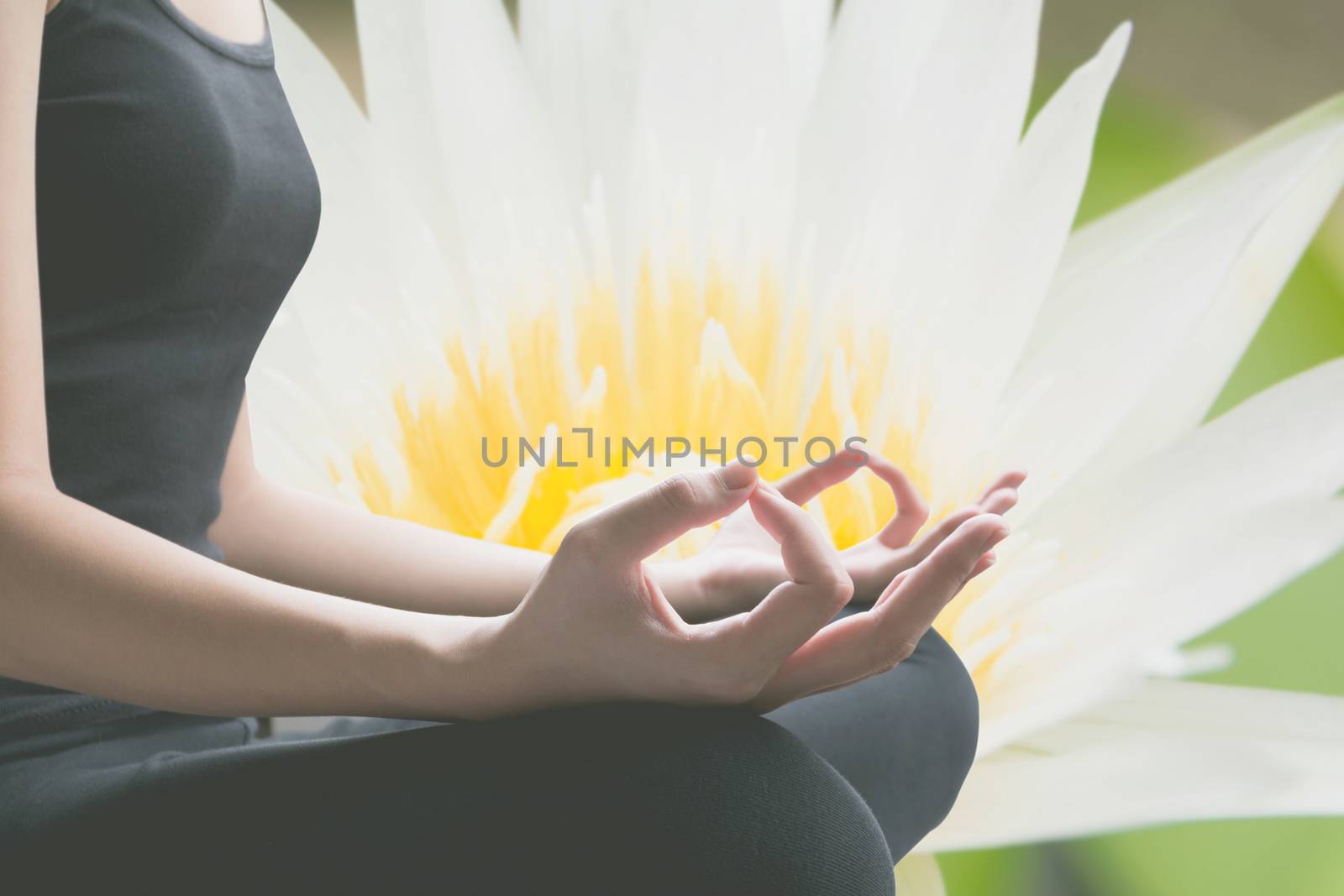Close-up of feminine and masculine arms and crossed legs during meditation with white flower background.