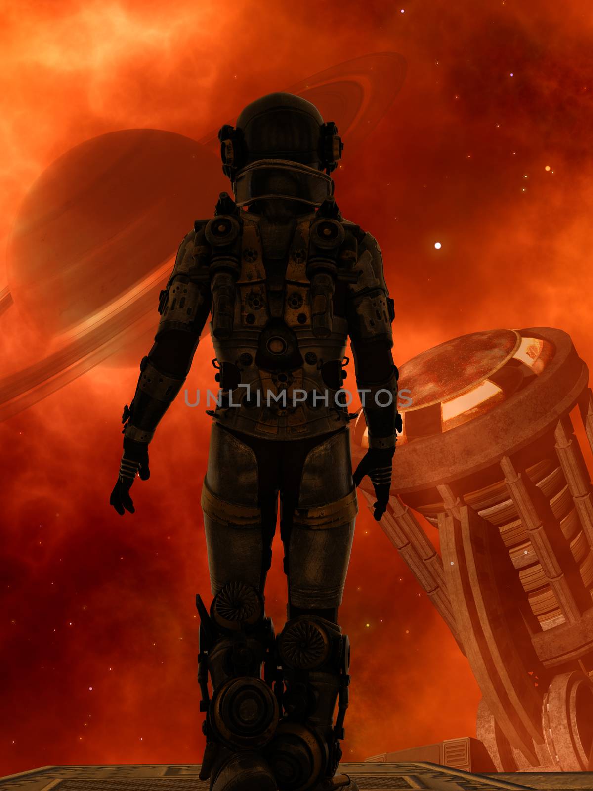 Space traveler looking a big planet in deep space by ankarb