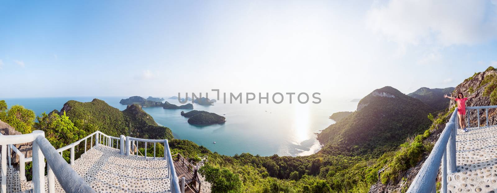 High angle view panorama beautiful nature landscape of sunrise over the sea and island from Ko Wua Ta Lap viewpoint in Mu Ko Ang Thong National Marine Park, Surat Thani, Thailand