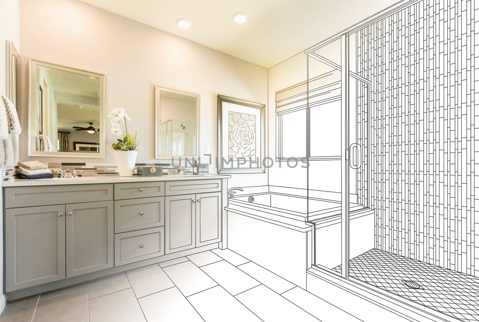 Custom Master Bathroom Design Drawing Gradating to Finished Photo by Feverpitched