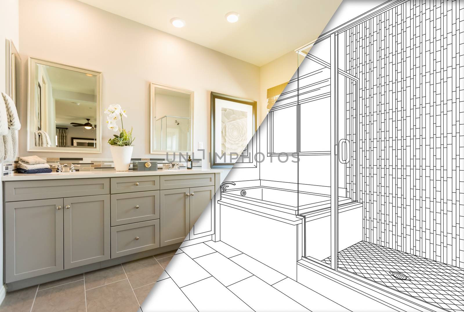 Custom Master Bahroom Design Drawing with Cross Section of Finished Photo.