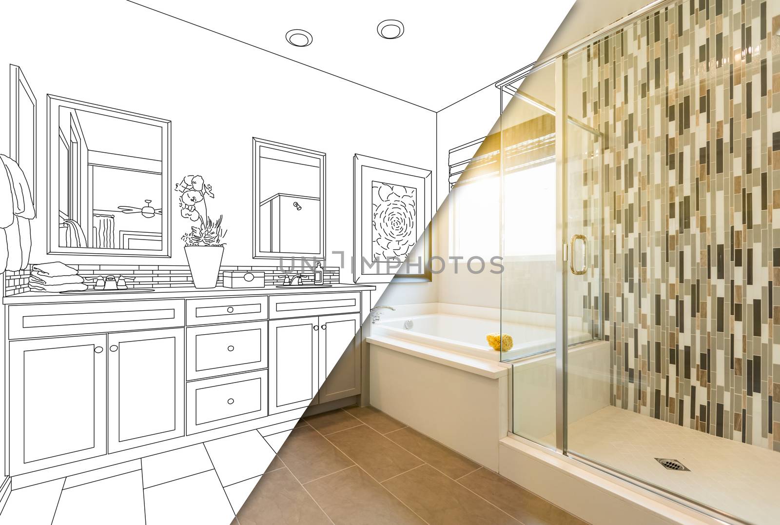 Custom Master Bahroom Design Drawing with Cross Section of Finished Photo.