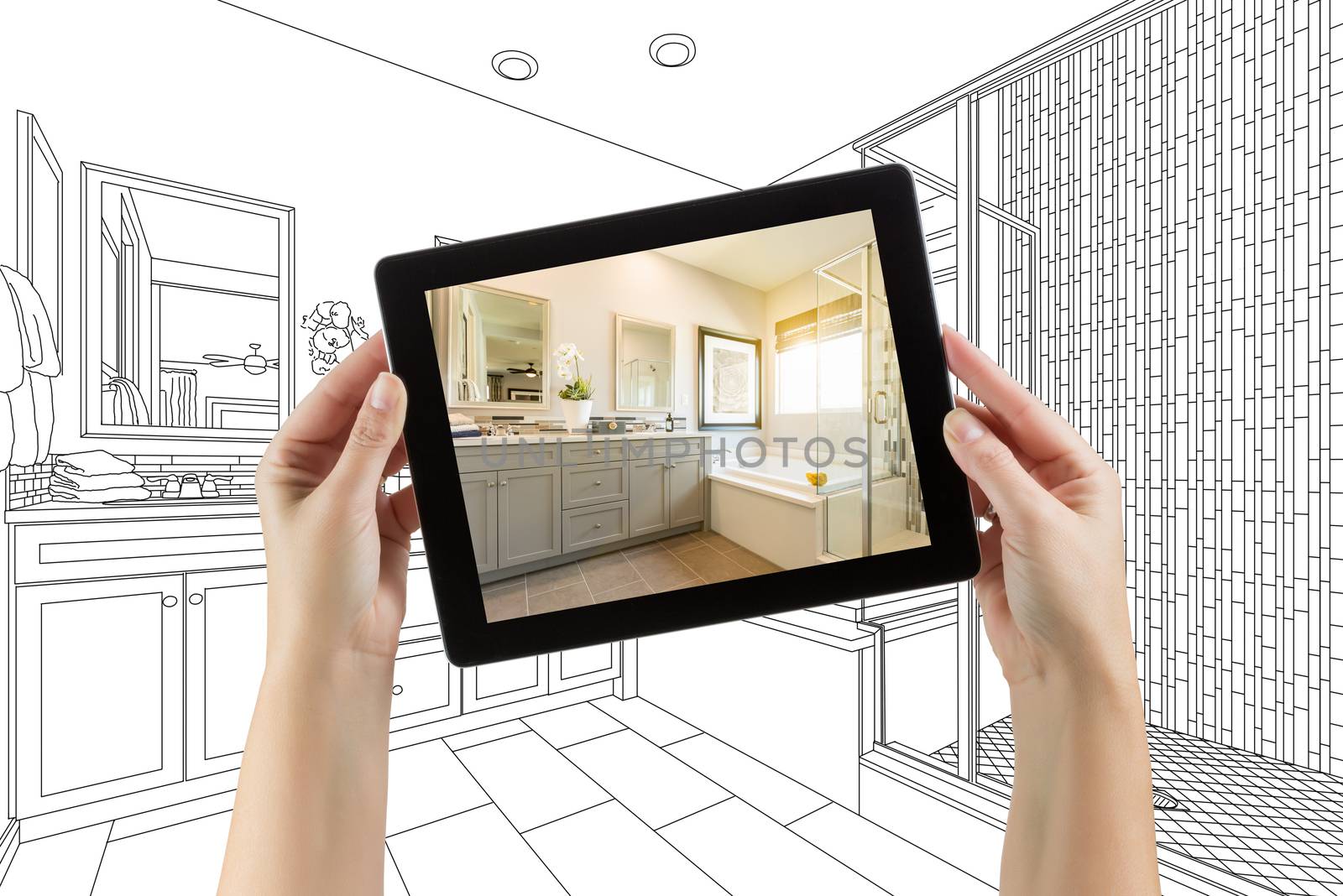 Hands Holding Computer Tablet with Master Bathroom Photo on Screen and Drawing Behind. by Feverpitched