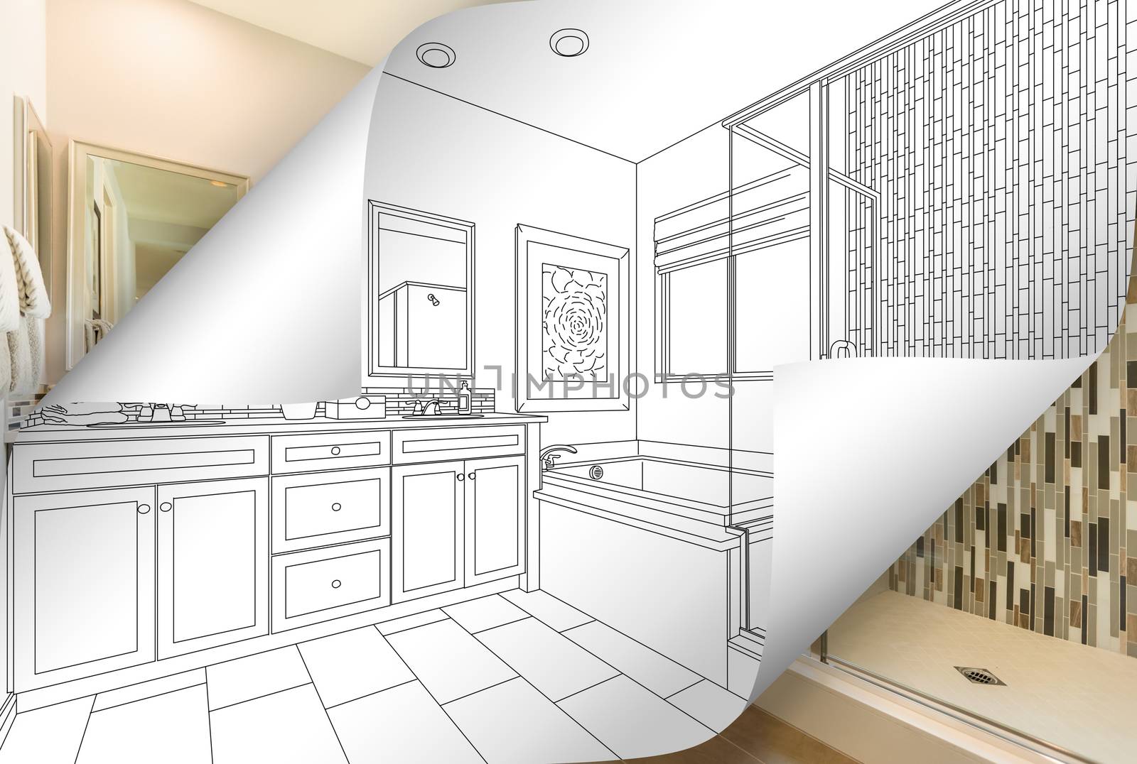 Master Bathroom Drawing Page Corners Flipping with Photo Behind.