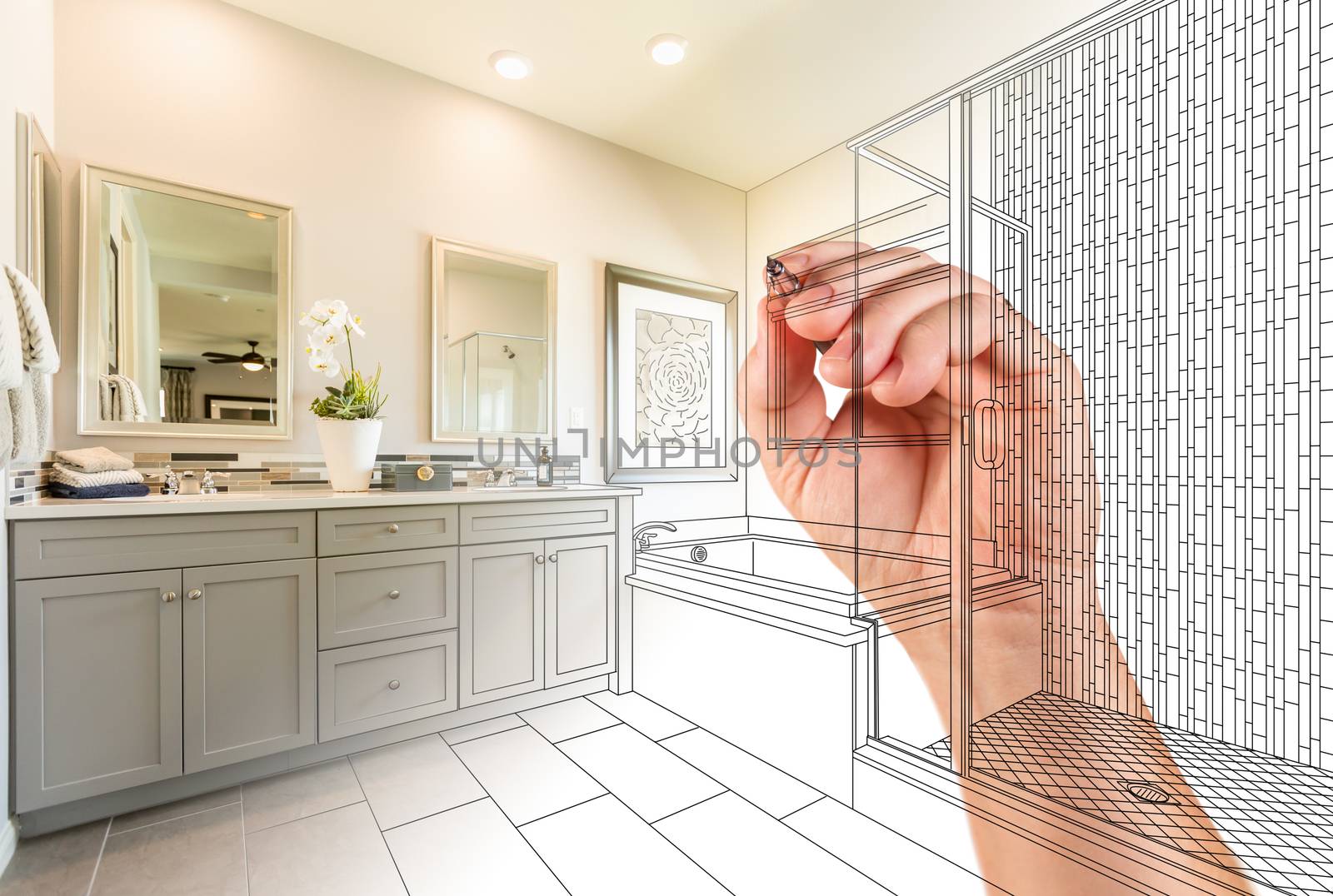 Hand Drawing Custom Master Bathroom with Photo Gradation by Feverpitched