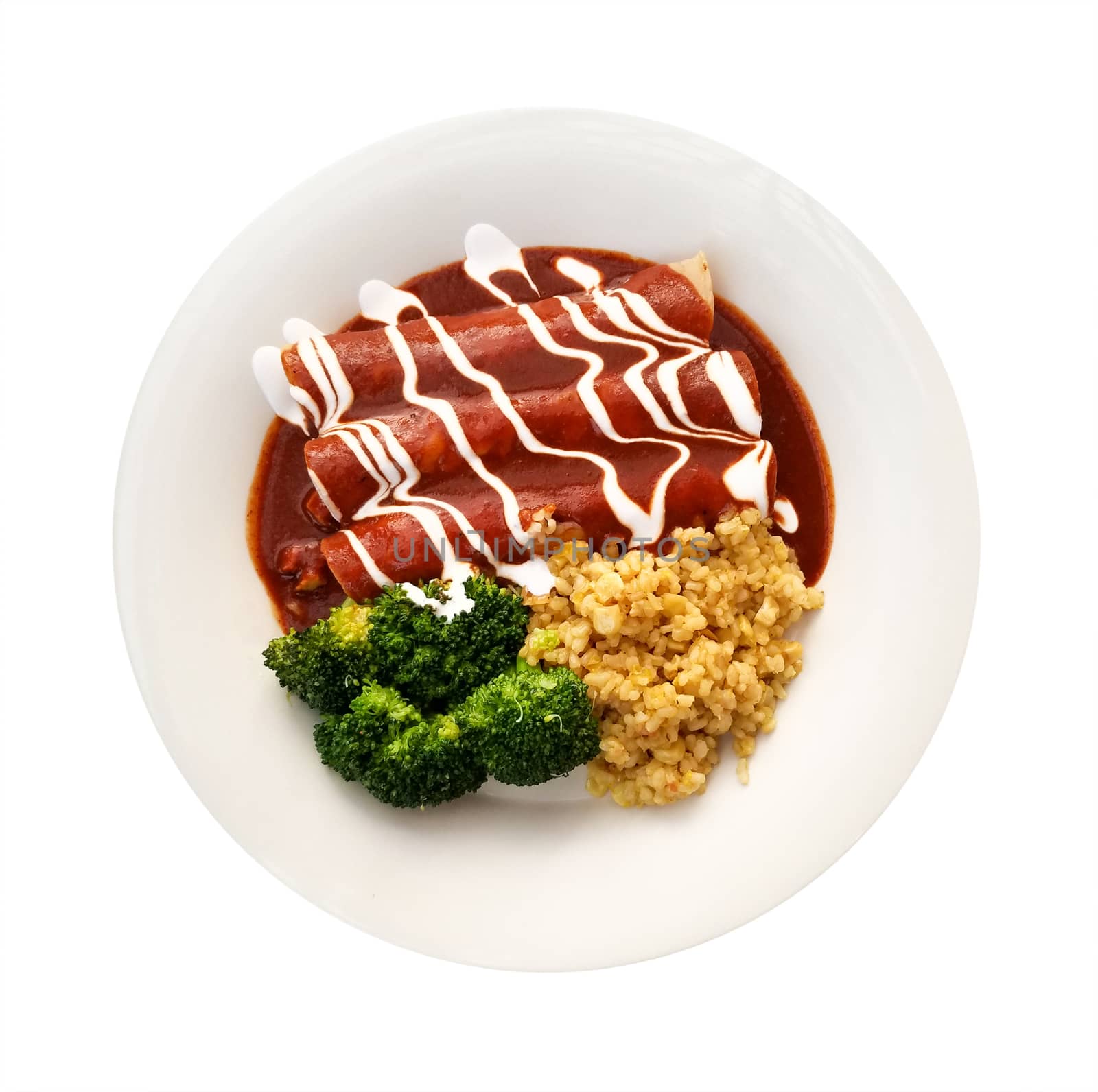 Enchiladas in red sauce with steamed broccoli and corn isolated over white background.